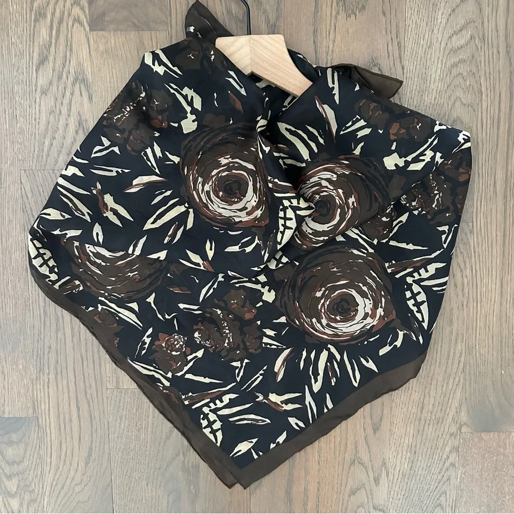Lisa Corti Floral Abstract Printed 100% Silk Scarf Brown, Black, Cream 32.5